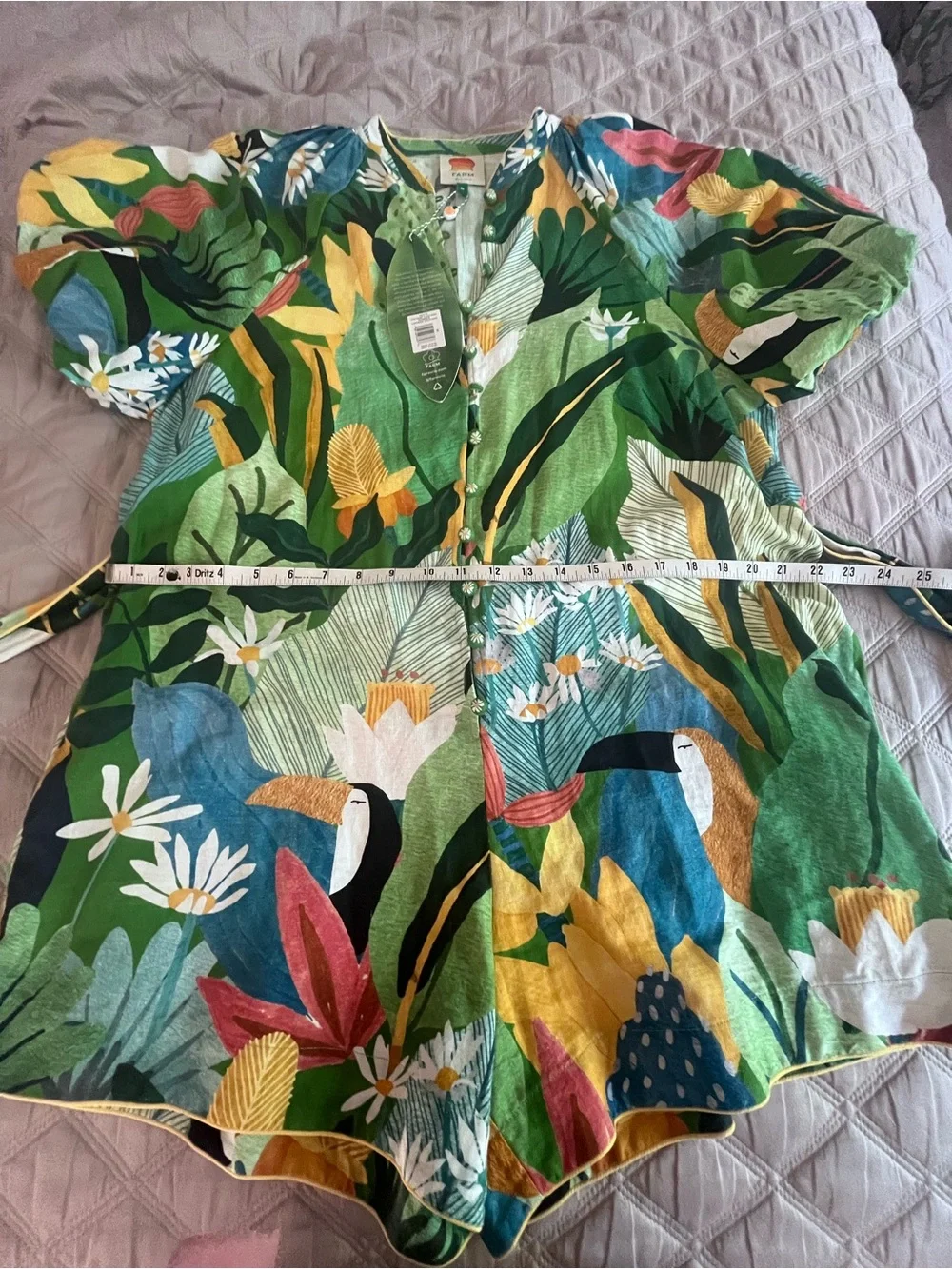 FARM RIO Romper Toucans Linen Blend Belted Green Multicolor - Size Medium NWT